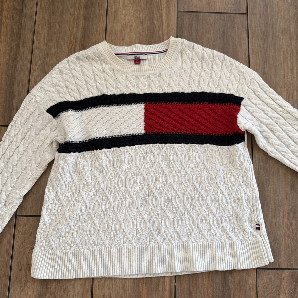 Tommy Hilfiger Sweater Womens Large White Red Blue Cable Knit Pullover Crewneck